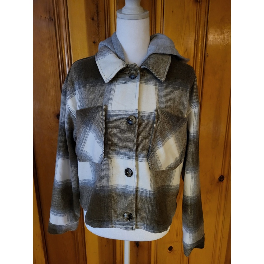Ashley Outerwear Women's Plaid Hooded Shacket Crop Flannel Jacket Brown White M